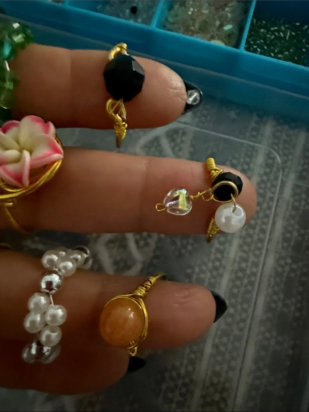8 Handmade Gold-Tone Mixed Bead Rings - Assorted Colors different sizes
